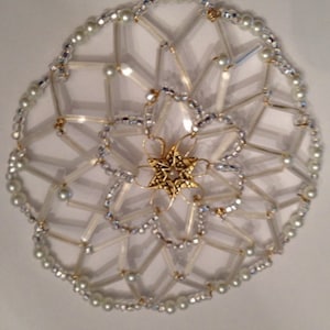 Satin White Beaded and Pearl Kippah with Gold Star of David Center