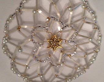 Satin White Beaded and Pearl Kippah with Gold Star of David Center