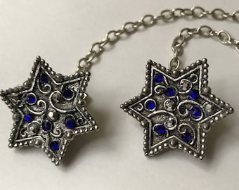 Pewter Star of David Clips with Blue and Silver Crystals