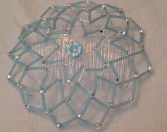 Baby Blue /Light Aqua Kippah with Vintage Glass and Crystal Center