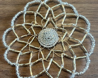Gold Beaded Kippah with Crystal Circular Center