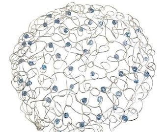Intracate Silver Wire Kippah with Light Blue Crystals