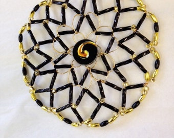 Handmade Black and Gold Kippah with Vintage Czech Glass Swirl Center