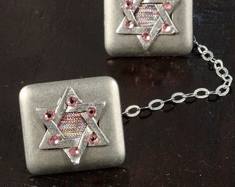 Silver tallit clips with Pink Center and pink Swarovski Crystals