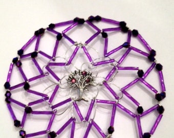 Purple Kippah with Tree of Life and Crystals