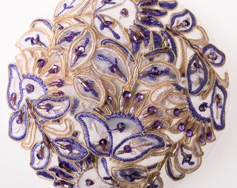 Purple Cream Beaded Applique and Sequin Kippah