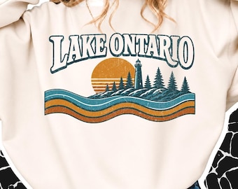 T-Shirt mit Motiv der Großen Seen, Retro-Sonnenuntergang am Ontariosee (PNG), Vintage-Geschenkidee für kanadische Hüttenliebhaber, Gemütliche Landhauskleidung, Top für Naturliebhaber