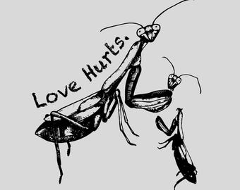 Mantis religiosa divertida, retro, amor hiere, gráfico para niña, camisetas de insectos lindas para damas, camiseta gráfica sucia genial, humor negro