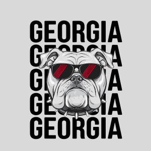 May include: A white bulldog wearing red sunglasses with the word "GEORGIA" repeated five times in black text.