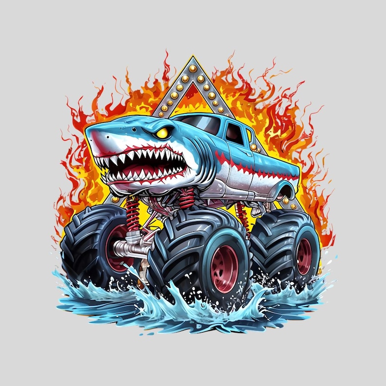 May include: A blue and white monster truck with a shark head design, driving through water with flames behind it.