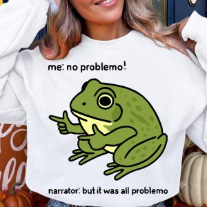 Könnte beinhalten: Ein weißes Langarm-Sweatshirt mit einer grünen Frosch-Illustration, die mit den Fingern Pistolen formt. Der Text darüber lautet "me: no problemo!" und der Text darunter "narrator: but it was all problemo" in einer einfachen schwarzen Schrift.