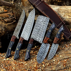 Hand Forged Damascus Steel Chef Knife Set | Handmade 5 Piece Luxury Sharpest Professional Cooking Kitchen Knives Anniversary Gift for Her