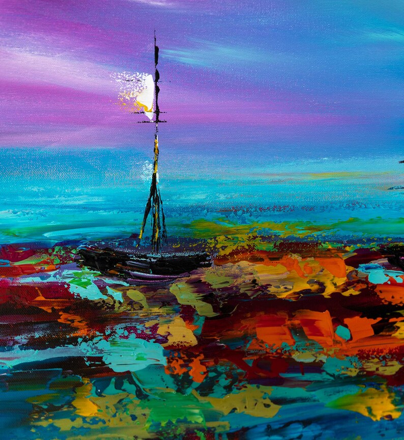 Square Palette Knife Ocean Sailing Boats Art Abstract Purple Etsy