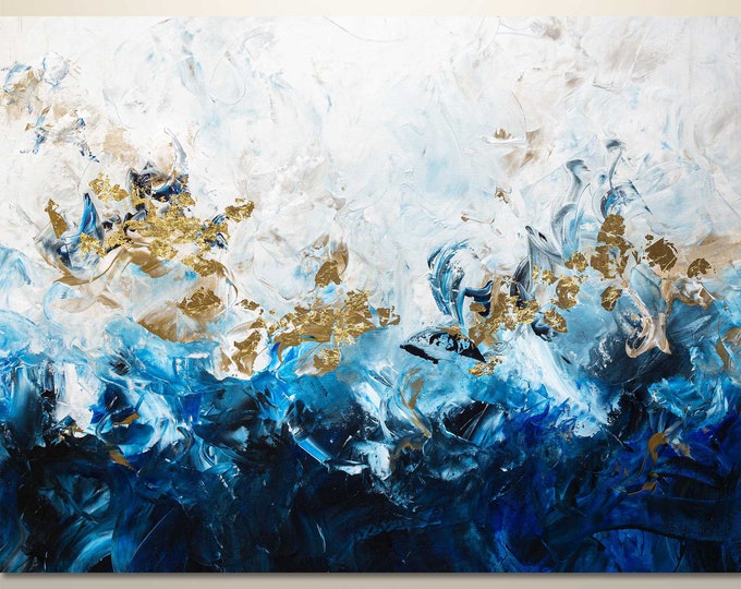 Gold Leaf Blue Large Palette Knife Painting Abstract Original Canvas