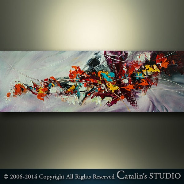 Abstract Painting Original Painting Palette Knife Modern Landscape Painting Art by Catalin 36"x12" Red White Original Abstract Painting