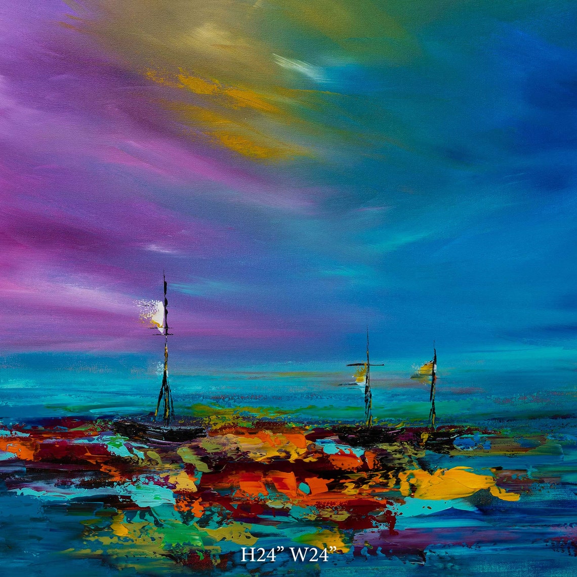 Square Palette Knife Ocean Sailing Boats Art Abstract Purple Etsy