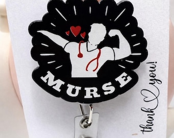 Murse バッジリール | 男性看護師IDバッジホルダー | RN、CNA、医療従事者向けの面白い看護師バッジリール | ワニ口クリップ ベルトクリップ ストラップ
