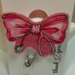 Pink nurse bow badge-reel,  badge ID holder,name tag holder, badge, badge holder, work lanyard, coquette, nurse