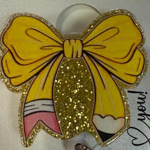 Teacher Badge Reel – Yellow Pencil Bow Design – Handmade Retractable ID Holder – School Teacher Gift