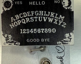 Ouija Board badge reel, Halloween badge reel, Interchangeable, retractable, spirit board, witchy planchette, custom planchette