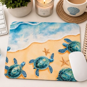 Sea Turtle Mouse Pad, Coastal Beach Desk Mat, Ocean Turtle Mousepad, Nautical Office Decor, Beach Lover Gift, Coastal Desk Accessory