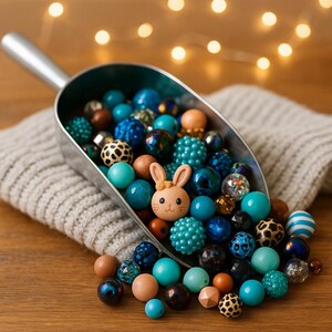May include: A metal scoop filled with an assortment of colorful beads in shades of blue, teal, brown, and orange. A small bunny figurine is nestled among the beads. The scoop rests on a gray knitted fabric, with a wooden surface below.
