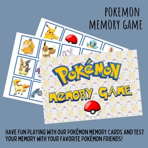 Può includere: Un gioco di memoria di Pokémon stampabile con illustrazioni colorate di personaggi Pokémon. Il gioco include una carta del titolo con il testo "Pokémon Memory Game" e una grafica di Poké Ball.
