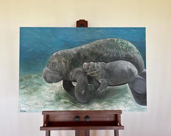 Original Manatee Mother and Baby Painting