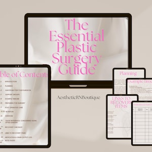 Puede incluir: Una guía digital titulada "The Essential Plastic Surgery Guide" se muestra en una computadora portátil y varias tabletas. El título de la guía es rosa, y las tabletas muestran varias secciones, incluida una tabla de contenido.