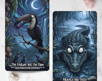 Puede incluir: Dos cartas de oráculo rectangulares con ilustraciones oscuras. La carta de la izquierda muestra un tucán con el texto 'The Feature, Not the Flaw' y un subtítulo. La carta de la derecha representa un cocodrilo en un pantano con el texto 'Patience Has Teeth'.