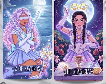Könnte beinhalten: Zwei rechteckige Tarotkarten mit Illustrationen im Anime-Stil. Die linke Karte zeigt eine Person mit rosa Haaren, Augenbinde und zwei Schwertern, beschriftet mit 2 OF SWORDS. Die rechte Karte zeigt eine Person mit dunklen Zöpfen und einem Unendlichkeitssymbol, beschriftet mit THE MAGICIAN.