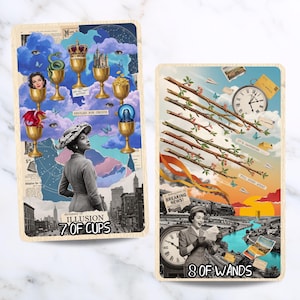 May include: Two tarot cards featuring collage art. The left card, 7 of Cups, shows a person in a hat, seven golden cups, a dragon, and a castle against blue clouds. The right card, 8 of Wands, depicts eight flying branches, a clock, and a train.