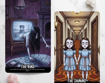 Puede incluir: Dos cartas de tarot rectangulares con ilustraciones de películas de terror. La carta izquierda muestra una figura saliendo de una pantalla de televisión con el texto THE RING. La derecha muestra dos niños idénticos en un pasillo con el texto THE SHINING.