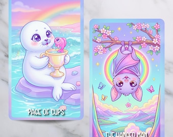 Puede incluir: Dos cartas de tarot rectangulares con ilustraciones en tonos pastel. La carta izquierda muestra una foca blanca sosteniendo una copa dorada con un pez rosa, etiquetada PAGE OF CUPS. La derecha muestra un murciélago morado, etiquetada THE HANGED MAN.