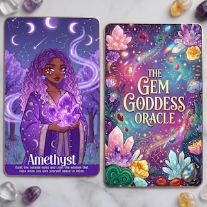 May include: Two rectangular oracle cards with gold edges. The left card shows a person with purple hair holding a large amethyst crystal under a night sky with the text 'Amethyst'. The right card features colorful crystals and the text 'THE GEM GODDESS ORACLE'.