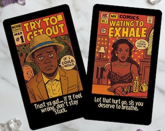 Puede incluir: Dos tarjetas rectangulares negras con ilustraciones estilo cómic. Una tarjeta dice "TRY TO GET OUT" con un hombre con sombrero. La otra tarjeta dice "WATING TO EXHALE" con una mujer en una mesa. Ambas tarjetas tienen texto.