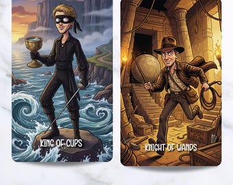 Puede incluir: Dos cartas de tarot rectangulares con ilustraciones de dibujos animados. La carta izquierda muestra una figura enmascarada de negro sosteniendo una copa dorada con el texto King of Cups. La derecha muestra un aventurero con el texto Knight of Wands.