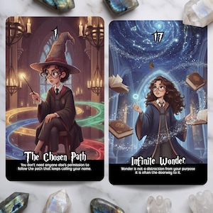 May include: Two rectangular tarot cards featuring illustrated characters in wizard robes. The left card, numbered 1, shows a character with a wand and the text The Chosen Path. The right card, numbered 17, shows a character with floating books and the text Infinite Wonder.