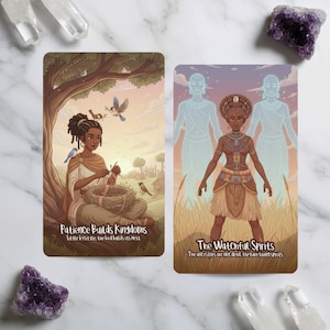 May include: Two tarot cards with illustrations. One card shows a person weaving a nest under a tree, with the text "Patience Builds Kingdoms." The other card depicts a person with two spirit figures, with the text "The Watchful Spirits."
