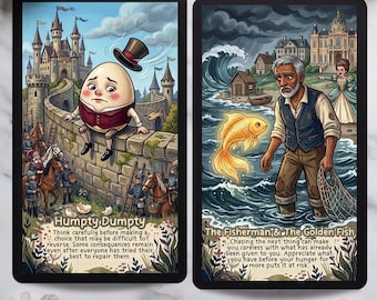 May include: Two rectangular illustrated cards featuring Humpty Dumpty sitting on a stone wall with a castle background and a fisherman standing in the sea with a golden fish. Each card includes printed text and decorative floral borders.