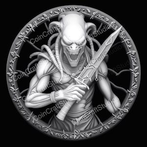 May include: A detailed, grayscale relief sculpture of a menacing alien figure holding a sword. The alien has a large head, sharp teeth, and is surrounded by a circular frame with floral and text details. The text "CoinCraftStudios" is visible.