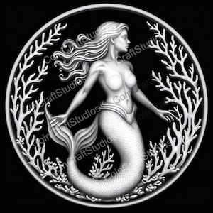 Mermaid Siren DepthMap für CNC und Faserlaser – Graustufen-3D-Gravurdatei für LightBurn, für Medaillen-Kunst, CNC, LightBurn, Münze