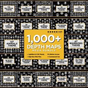 May include: A digital art mega bundle with over 1,000 depth maps, covering themes such as religion, dinosaurs, landscapes, and pirates. The bundle includes high-resolution PNG files and is compatible with LightBurn and CNC machines.