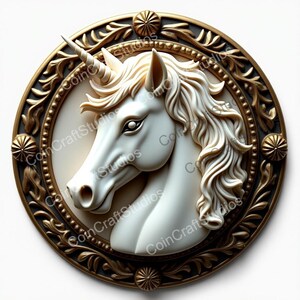 May include: A white unicorn head sculpture with a gold and black ornate frame. The unicorn has a single horn and a flowing mane.