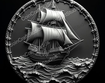 Viking Ship Depth Map Coin for CNC & Fiber Laser Engraving | Custom Coins and Medals | Fiber laser | edc coin | LightBurn | brass coin