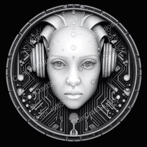 Könnte beinhalten: Eine Schwarzweißillustration eines Robotergesichts mit Kopfhörern vor einem Hintergrund aus einer Leiterplatte.