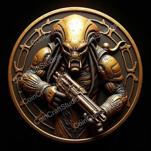 Pode incluir: Uma figura de Predator dourada com um design detalhado, segurando uma arma, é exibida em um fundo redondo marrom escuro com uma borda decorativa dourada.