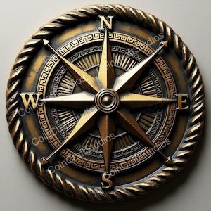 May include: A gold compass with a black background and a rope-like border. The compass has a star-shaped needle with the letters N, S, E, and W.