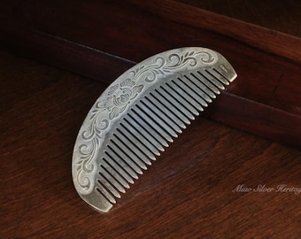 Peineta floral de plata fina 999: Peonía tallada a mano, estilo Hmong