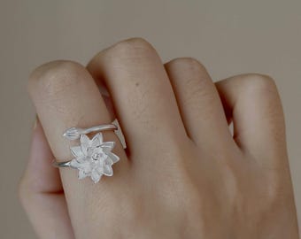 Anillo floral de plata fina, anillo de plata pura 999, anillo hmong, tribu Miao, anillo de flores, regalo para mujer, joyería de plata